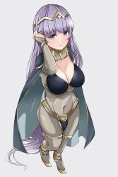 Rule 34 | 1girl, absurdly long hair, blush, breasts, bridal gauntlets, cape, cleavage, cosplay, covered navel, dark mage (fire emblem awakening), fire emblem, fire emblem: the binding blade, fire emblem awakening, fire emblem heroes, foreshortening, full body, hand in own hair, highres, long hair, looking at viewer, nintendo, pantyhose, purple eyes, purple hair, simple background, skindentation, solo, sophia (fire emblem), tharja (fire emblem), tharja (fire emblem) (cosplay), tiara, tight clothes, toshimasa, very long hair