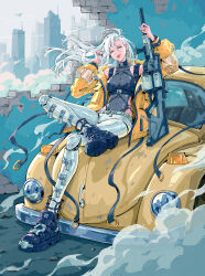 Rule 34 | 1girl, absurdres, city, cityscape, cyberpunk, earrings, fashion, gun, highres, holding, holding gun, holding weapon, jewelry, nail polish, original, solo, tongue, tongue out, volkswagen beetle, weapon, wenfei ye, white hair, yellow eyes, yellow lips