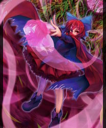 Rule 34 | 1girl, bamboo, bamboo forest, bow, cape, covering own mouth, disembodied head, forest, hair bow, long sleeves, moon, nature, red eyes, red hair, red moon, sekibanki, shirt, short hair, skirt, solo, teko, touhou