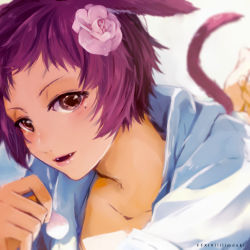 Rule 34 | 10s, 1girl, animal ears, artist name, cat ears, collarbone, copyright name, fangs, final fantasy, final fantasy xiv, flower, hair flower, hair ornament, holding, lili mdoki, lips, looking at viewer, miqo&#039;te, mole, mole under eye, open mouth, petals, purple eyes, purple hair, short hair, smile, solo, tail, warrior of light (ff14)