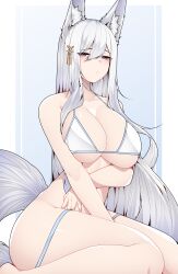 Rule 34 | 1girl, absurdres, animal ear fluff, animal ears, arm between legs, arm under breasts, azur lane, bikini, blush, breasts, cleavage, dated commentary, fox ears, fox girl, fox tail, grey eyes, hair between eyes, hair ornament, highres, large breasts, long hair, looking at viewer, samip, shinano (azur lane), simple background, sitting, solo, swimsuit, tail, thighs, very long hair, white bikini, white hair