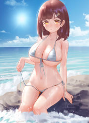 Rule 34 | 1girl, absurdres, bare arms, bare legs, bare shoulders, bikini, bikini pull, blue sky, breasts, brown eyes, brown hair, cleavage, closed eyes, clothes pull, collarbone, commentary, day, female focus, grey bikini, hair ornament, hairclip, highres, horizon, large breasts, looking at viewer, nanami (virtuareal), navel, nijisanji, ocean, outdoors, rock, side-tie bikini bottom, sitting, sky, solo, striped bikini, striped clothes, sun, swimsuit, thighs, underboob, untied bikini, virtual youtuber, virtuareal, wet, yuuuuuuuuuuuuka