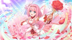 Rule 34 | 1girl, flower, green eyes, hair ornament, holding, holding wand, medium hair, official art, petals, pink hair, princess connect!, red flower, red rose, rose, rose petals, sky, solo, wand, yui (princess connect!)