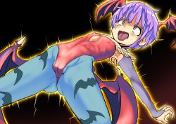 Rule 34 | 1girl, absurdres, animal print, bat print, blue pantyhose, cameltoe, capcom, covered erect nipples, demon girl, demon wings, detached sleeves, electricity, female focus, flat chest, head wings, highres, leotard, lilith aensland, open mouth, pantyhose, purple hair, ryona, short hair, solo, strapless, strapless leotard, tenteco (covamin), tongue, tongue out, vampire (game), wings