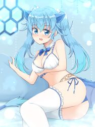 Rule 34 | 1girl, absurdres, animal ears, ass, belly chain, bikini, blue bikini, blue bow, blue bowtie, blue eyes, blue hair, blush, bow, bowtie, breast hold, breasts, collar, commentary request, commission, detached collar, dragon girl, dragon tail, frilled bikini, frilled thighhighs, frills, highres, jewelry, kemono friends, light frown, long hair, looking at viewer, lying, medium breasts, mismatched bikini, on side, open mouth, partial commentary, seiryuu (kemono friends), shiraha maru, side-tie bikini bottom, skeb commission, solo, swimsuit, tail, thighhighs, twintails, white bikini, white collar, white thighhighs
