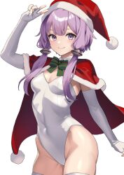 Rule 34 | 1girl, akahara tyun, cape, capelet, commentary, elbow gloves, fingerless gloves, fur-trimmed capelet, fur-trimmed headwear, fur trim, gloves, hat, leotard, purple eyes, purple hair, red cape, red capelet, red hat, santa hat, short hair with long locks, simple background, solo, strapless, strapless leotard, symbol-only commentary, thighhighs, v, voiceroid, white background, white gloves, white leotard, white thighhighs, yuzuki yukari