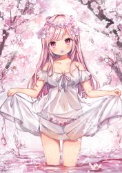 Rule 34 | 1girl, absurdres, bare shoulders, blush, breasts, collarbone, commentary, covered navel, dress, flower, flower in mouth, flower wreath, head wreath, highres, huge filesize, kohaku muro, long hair, medium breasts, navel, off-shoulder dress, off shoulder, original, pink flower, pink hair, red eyes, see-through, short sleeves, signature, skirt basket, skirt hold, solo, standing, symbol-only commentary, tree, very long hair, wading, water, white dress, white flower