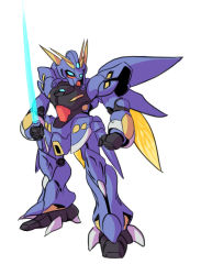 Rule 34 | blue eyes, clenched hand, commentary, dunbine, energy sword, fusion, holding, holding sword, holding weapon, huckebein, insect wings, looking down, mecha, no humans, pun, robot, seisenshi dunbine, super robot wars, super robot wars original generation, sword, taedu, v-fin, weapon, white background, wings