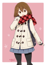 Rule 34 | 1girl, :d, backpack, bag, black pantyhose, black sweater, blue skirt, blush, brown eyes, brown hair, coat, commentary request, duffel coat, flower, hair between eyes, hair ornament, hairclip, hand up, hirasawa yui, k-on!, long sleeves, looking at viewer, miniskirt, open mouth, pantyhose, pink background, plaid, plaid scarf, pleated skirt, ragho no erika, red scarf, scarf, short hair, signature, simple background, skirt, sleeves past wrists, smile, solo, standing, sweater, tareme, teeth, two-tone background, upper teeth only, white background, white coat