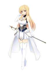 Rule 34 | 1girl, armor, blonde hair, boots, breastplate, elbow gloves, gloves, highres, knight, long hair, nehani (tworship), original, red eyes, simple background, skirt, solo, sword, thigh boots, thighhighs, weapon, white background, white gloves, white thighhighs, zettai ryouiki