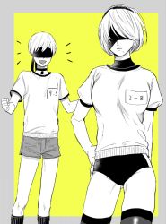 Rule 34 | 1boy, 1girl, 2b (nier:automata), 9s (nier:automata), :d, arm behind back, arms behind back, black blindfold, black choker, blindfold, border, breasts, buruma, choker, clenched hand, closed mouth, facing viewer, gluteal fold, grey border, grey shorts, greyscale, gym shirt, gym uniform, hand on own hip, jewelry, medium breasts, mellow rag, mole, mole under mouth, monochrome, name tag, nier:automata, nier (series), open mouth, pendant, shirt, short hair, short sleeves, shorts, smile, socks, thighhighs, white shirt, yellow background, yellow theme