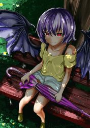 Rule 34 | 1girl, bad id, bad pixiv id, bare legs, bat wings, bench, bra strap, closed umbrella, collarbone, commentary request, contemporary, dappled sunlight, dutch angle, from above, highres, hitotsuki nebura, light purple hair, looking at viewer, no socks, off-shoulder shirt, off shoulder, outdoors, red eyes, remilia scarlet, sandals, shirt, short hair, short sleeves, shorts, sitting, smile, solo, spread wings, sunlight, touhou, tree, tree shade, umbrella, under tree, wings, yellow shirt