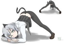 Rule 34 | 1girl, absurdres, animal ears, ass, black pantyhose, black skirt, blush, cameltoe, cat ears, cat tail, closed mouth, green eyes, highres, jack-o&#039; challenge, looking at viewer, military, military uniform, multiple views, panties, panties under pantyhose, pantyhose, pleated skirt, sanya v. litvyak, short hair, side-tie panties, silver hair, simple background, skirt, smile, strike witches, tail, underwear, uniform, white background, world witches series, yui5306