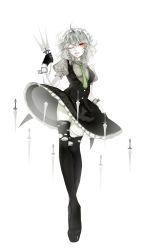 Rule 34 | 1girl, ahoge, between fingers, black gloves, black skirt, black thighhighs, black vest, braid, breasts, crossed legs, eyelashes, frilled skirt, frills, full body, gloves, green necktie, hair tie, high heels, highres, holding, holding knife, izayoi sakuya, knife, knives between fingers, lips, looking at viewer, maid, maid headdress, medium breasts, mensao de chuanchati, messy hair, nail polish, necktie, one eye closed, open mouth, platform footwear, puffy short sleeves, puffy sleeves, pumps, red nails, shirt, short sleeves, silver hair, single glove, skirt, solo, spot color, standing, thighhighs, thighs, torn clothes, torn thighhighs, touhou, twin braids, vest, watson cross, wrist cuffs, zettai ryouiki