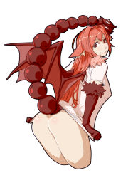 Rule 34 | 1girl, animal ears, animal hands, ass, blush, brown eyes, closed mouth, cowboy shot, cropped legs, from behind, fur collar, leaning forward, long hair, looking at viewer, looking back, manticore (monster girl encyclopedia), materclaws, monster girl, monster girl encyclopedia, naked shirt, orange hair, prehensile tail, red wings, shirt, short sleeves, simple background, smile, solo, standing, tail, tail raised, white background, wings