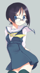 Rule 34 | black hair, blue eyes, glasses, miyoshino, original, simple background, solo, thighhighs, zettai ryouiki