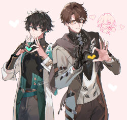 Rule 34 | 1girl, 2boys, :q, black-framed eyewear, black gloves, black hair, brown hair, closed mouth, coat, commentary request, dan heng (honkai: star rail), glasses, gloves, grey eyes, hair between eyes, heart, heart hands, honkai: star rail, honkai (series), jacket, long sleeves, looking at viewer, male focus, march 7th (honkai: star rail), multicolored hair, multiple boys, one eye closed, open clothes, open coat, pants, pink background, simple background, single glove, streaked hair, sweat, tongue, tongue out, ueauwa, v, welt yang