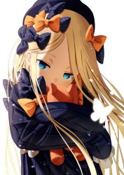 Rule 34 | 1girl, abigail williams (fate), absurdres, black bow, black dress, black hat, blonde hair, blue eyes, bow, commentary request, covered mouth, dress, fate/grand order, fate (series), forehead, hair bow, hat, head tilt, highres, hugging object, long hair, long sleeves, looking at viewer, orange bow, parted bangs, polka dot, polka dot bow, print bow, sanpeita, simple background, sleeves past fingers, sleeves past wrists, solo, star (symbol), star print, stuffed animal, stuffed toy, teddy bear, upper body, very long hair, white background