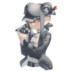 Rule 34 | 1girl, blunt bangs, chinese clothes, closed mouth, commentary, double bun, frown, grey hair, grey jacket, hair bun, hair ornament, holding, holding weapon, inkling, inkling girl, inkling player character, jacket, jinkobanana, logo, long hair, long sleeves, looking at viewer, nintendo, pointy ears, red eyes, simple background, solo, splat bomb (splatoon), splatoon (series), splatoon 2, tentacle hair, twitter username, upper body, weapon, white background, zipper