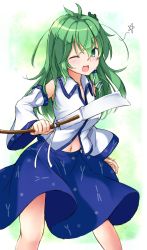 Rule 34 | 1girl, ;d, aka tawashi, antenna hair, blue skirt, blush, breasts, commentary request, cowboy shot, detached sleeves, frog hair ornament, gohei, green eyes, hair between eyes, hair ornament, hair tubes, highres, holding, kochiya sanae, long sleeves, looking at viewer, medium breasts, navel, one eye closed, open mouth, sidelocks, skirt, smile, snake hair ornament, solo, star (symbol), touhou, wide sleeves