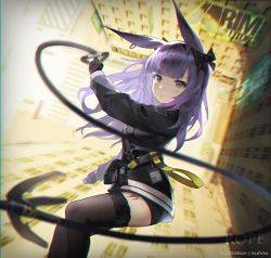 Rule 34 | 1girl, animal ears, arknights, artist name, black bow, black gloves, black jacket, black thighhighs, blurry, blush, bow, breasts, buckle, character name, chromatic aberration, commentary request, day, depth of field, earrings, falling, feet out of frame, gloves, grappling hook, grey eyes, hair bow, highres, holding, id card, jacket, jewelry, kuhnowushi, logo, long hair, long sleeves, medium breasts, open mouth, outdoors, pouch, purple hair, rabbit ears, rope (arknights), snap-fit buckle, solo, sunlight, thighhighs, underwear