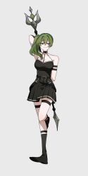 Rule 34 | 1girl, arm strap, arm up, arms behind back, black choker, black dress, black footwear, boots, choker, commentary request, dress, full body, green hair, highres, holding, holding polearm, holding weapon, jitome, long hair, o-ring, o-ring choker, pleated dress, polearm, purple eyes, side ponytail, smile, solo, sousou no frieren, spear, standing, standing on one leg, suspenders hanging, thigh strap, ubel (sousou no frieren), weapon, yasato83