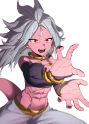 Rule 34 | 1girl, abs, absurdres, android 21, arabian clothes, black nails, breasts, dragon ball, dragon ball fighterz, dragonball z, earrings, harem outfit, highres, hoop earrings, incoming attack, jewelry, kamehameha, majin android 21, medium breasts, muscular, muscular arms, muscular female, navel, open mouth, pointy ears, red eyes, solo, spiked hair, tail, tongue, white hair, zequung, zquung