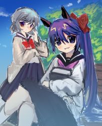 Rule 34 | 2girls, :3, alternate costume, animal ears, bad id, bad pixiv id, bench, black skirt, book, bow, braid, cardigan, commeowdore, crossed arms, doremy sweet, french braid, hair bow, hand on own face, highres, holding, holding book, kishin sagume, medium hair, medium skirt, multiple girls, outdoors, pink bow, ponytail, purple eyes, purple hair, red bow, red eyes, sailor collar, school uniform, shirt, side ponytail, sitting, skirt, sky, sleeves past fingers, sleeves past wrists, standing, tapir ears, touhou, tree, white hair, white shirt