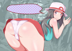 Rule 34 | 1girl, ass, back, bare shoulders, bent over, blouse, blue shirt, blush, breasts, brown eyes, brown hair, creatures (company), game freak, hat, hip focus, huge ass, large breasts, leaf (pokemon), long hair, looking at viewer, looking back, nintendo, panties, pokemon, pokemon frlg, polka dot, red skirt, roro, shirt, skirt, sleeveless, sleeveless shirt, solo, thick thighs, thighs, thought bubble, underwear, white hat, white panties