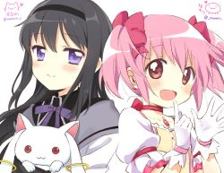 Rule 34 | 2girls, akemi homura, artist name, black hair, blush, bow, closed mouth, collaboration, collarbone, gloves, hair bow, hairband, highres, kaname madoka, kyubey, long hair, long sleeves, looking at viewer, mahou shoujo madoka magica, mahou shoujo madoka magica (anime), multiple girls, namori, open mouth, pink bow, pink eyes, pink hair, puffy short sleeves, puffy sleeves, purple eyes, short sleeves, short twintails, smile, twintails, twitter username, upper body, white gloves, yui (spica)