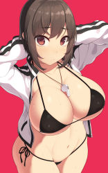 Rule 34 | 1girl, arms behind head, arms up, bikini, black bikini, breasts, brown hair, cleavage, closed mouth, collarbone, commentary request, cowboy shot, halterneck, highres, jacket, large breasts, looking at viewer, navel, open clothes, open jacket, original, red background, red eyes, samegami, short hair, side-tie bikini bottom, simple background, solo, standing, striped clothes, striped jacket, sukajan, swimsuit, thighs, whistle, whistle around neck, white jacket