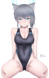 Rule 34 | absurdres, amputee, animal ears, black one-piece swimsuit, blue archive, blue eyes, breasts, bright pupils, collarbone, cross, ear piercing, grey hair, hair ornament, halo, highres, looking at viewer, one-piece swimsuit, piercing, ponytail, shiroko (blue archive), shiroko (swimsuit) (blue archive), swimsuit, vialle, white background, white pupils