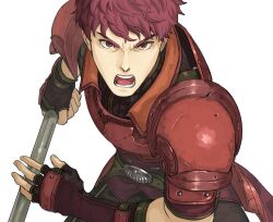 Rule 34 | 1boy, commentary, english commentary, fingerless gloves, fire emblem, fire emblem echoes: shadows of valentia, gloves, holding, holding polearm, holding weapon, incoming attack, looking at viewer, lukas (fire emblem), male focus, nenekantoku, nintendo, open mouth, polearm, red eyes, red hair, twitter username, weapon, white background