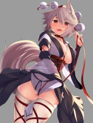 Rule 34 | 1girl, animal ears, bet, blush, breasts, collar, covered erect nipples, fangs, grey background, hair between eyes, hand up, hat, heart, heart-shaped pupils, highres, hira (nanika no heya), inubashiri momiji, japanese clothes, kourindou tengu costume, large breasts, leash, long sleeves, looking at viewer, obi, open mouth, pom pom (clothes), pussy juice, red collar, red eyes, red hat, sash, short eyebrows, short hair, silver hair, simple background, smile, solo, symbol-shaped pupils, tail, thick eyebrows, thighhighs, tokin hat, touhou, white thighhighs, wide sleeves, wolf ears, wolf tail
