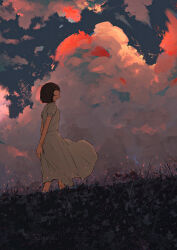 Rule 34 | 1girl, arms behind back, black eyes, blue sky, closed mouth, cloud, cloudy sky, cumulonimbus cloud, dark, dress, evening, expressionless, floating clothes, full body, grass, hair between eyes, highres, hill, holding own wrist, landscape, long dress, looking up, nature, oka kojiro, original, outdoors, profile, scenery, short hair, short sleeves, sidelocks, sky, solo, standing, white dress