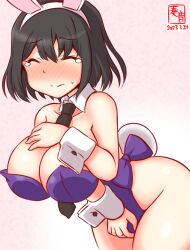 Rule 34 | 1girl, animal ears, artist logo, between breasts, black hair, blush, breasts, closed eyes, covered navel, covered pussy, dated, detached collar, embarrassed, fake animal ears, fake tail, gradient background, haguro (kancolle), hair ornament, kanon (kurogane knights), kantai collection, large breasts, leotard, necktie, necktie between breasts, one-hour drawing challenge, pink background, playboy bunny, purple leotard, rabbit ears, rabbit tail, short hair, solo, strapless, strapless leotard, tail, tears, wrist cuffs