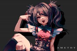 Rule 34 | ame-chan (needy girl overdose), amethy (19833275), drop shadow, grey background, gun, gun to head, holding, holding gun, holding weapon, kneehighs, needy girl overdose, pixel art, skirt, socks, tongue, tongue out, twintails, weapon