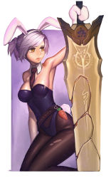 Rule 34 | 1girl, animal ears, armpits, battle bunny riven, breasts, cleavage, detached collar, fake animal ears, folded ponytail, highres, huge weapon, large breasts, league of legends, leotard, pantyhose, playboy bunny, rabbit ears, rabbit tail, riven (league of legends), short hair, solo, sword, tail, weapon, white hair