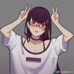 Rule 34 | 1girl, arms up, bespectacled, bright pupils, casual, choker, double v, funengliang jieheti, girls&#039; frontline, glasses, grey background, hair ornament, hairclip, long hair, looking at viewer, off-shoulder shirt, off shoulder, open mouth, purple hair, red-framed eyewear, red eyes, semi-rimless eyewear, shirt, short sleeves, simple background, sketch, solo, t-shirt, under-rim eyewear, upper body, v, wa2000 (girls&#039; frontline), watermark, weibo watermark, white pupils