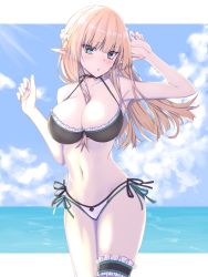 Rule 34 | 1girl, bare arms, bare shoulders, beach, bikini, black bikini, blonde hair, blue eyes, blush, braid, breasts, cleavage, collarbone, commentary request, day, elf, elfenlied22, hair between breasts, highres, large breasts, looking at viewer, navel, original, outdoors, pointy ears, solo, standing, swimsuit, thigh strap, white bikini