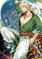 Rule 34 | 1boy, absurdres, blonde hair, facial mark, green shirt, grin, hat, unworn hat, unworn headwear, highres, holding, holding sword, holding weapon, jewelry, laboon, male focus, necklace, one piece, pants, pectoral cleavage, pectorals, shirt, sleeves rolled up, smile, solo focus, sword, tachibana (7k yj), weapon, white pants, yorki