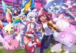 Rule 34 | 2girls, :d, absurdres, blush, chatot, commentary request, corsola, creatures (company), crossover, eiscue, eiscue (ice), eyelashes, fujiwara no mokou, game freak, gen 2 pokemon, gen 3 pokemon, gen 4 pokemon, gen 8 pokemon, gloria (pokemon), hatterene, highres, holding, holding poke ball, jacket, looking at viewer, multiple girls, nintendo, open mouth, orange jacket, outstretched arm, pants, plusle, poke ball, poke ball (basic), pokemon, pokemon (creature), pokemon swsh, pon yui, shirt, smile, spread fingers, stadium, tongue, touhou, white shirt