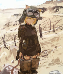 Rule 34 | 1girl, :/, absurdres, animal ears, barbed wire, battlefield, blonde hair, blurry, brown eyes, cat ears, cat tail, desert, faux traditional media, freckles, goggles, goggles on head, goggles on headwear, head tilt, helmet, highres, kabuyama kaigi, looking to the side, military, military uniform, no lineart, short hair, sketch, sky, smoke, solo, striker unit, tail, uniform, world witches series