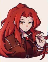 Rule 34 | 1girl, ascot, brooch, cigarette, closed mouth, coat, gebura (project moon), gem, grey eyes, hand up, heterochromia, high ponytail, highres, holding, holding cigarette, jewelry, library of ruina, long hair, long sleeves, looking at viewer, parted bangs, project moon, red ascot, red coat, red gemstone, red hair, scar, scar on face, sidelocks, simple background, solo, surumenabe, upper body, very long hair, white background, yellow eyes