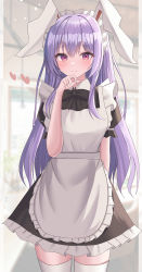 Rule 34 | 1girl, absurdres, animal ears, aohane, apron, black bow, black bowtie, black dress, bow, bowtie, breasts, closed mouth, commentary request, cowboy shot, dress, frilled apron, frills, heart, highres, light purple hair, long hair, maid, maid apron, maid headdress, medium breasts, puffy short sleeves, puffy sleeves, rabbit ears, rabbit girl, red eyes, reisen udongein inaba, short sleeves, smile, solo, thighhighs, touhou, very long hair, white apron, white thighhighs