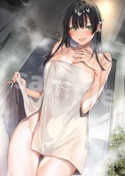 Rule 34 | 1girl, absurdres, black hair, bow, breasts, cowboy shot, gluteal fold, green eyes, hair bow, hand on own chest, hand up, highres, hitotsuba kaede, indoors, kakao (chocolate land), large breasts, long hair, naked towel, open mouth, ryoushin no shakkin, sample watermark, shower head, solo, steam, towel, watermark, wet