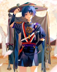 Rule 34 | 1boy, arm up, armor, belt, black shirt, black shorts, blue hair, blunt ends, blurry, blurry background, branch, closed mouth, day, eyeshadow, genshin impact, gold trim, gradient sky, hand on own hip, hat, highres, japanese armor, jewelry, jingasa, kote, kurokote, looking at viewer, makeup, male focus, mandarin collar, mitsudomoe (shape), mountain, necklace, outdoors, parted bangs, petals, purple belt, purple eyes, red eyeshadow, red hat, scaramouche (genshin impact), shirt, short hair, short sleeves, shorts, sky, smile, solo, standing, tassel, tomoe (symbol), tree, watanabe kawa, white sky, yellow sky
