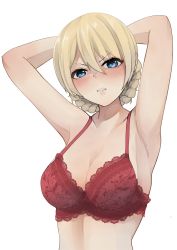 Rule 34 | 1girl, annoyed, armpits, arms behind head, blonde hair, blue eyes, blush, bra, braid, breasts, cleavage, collarbone, darjeeling (girls und panzer), embarrassed, frilled bra, frills, girls und panzer, glaring, highres, kakimoto nao, large breasts, lingerie, looking at viewer, parted lips, red bra, scowl, simple background, solo, underwear, upper body, white background