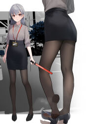 Rule 34 | 1girl, arm up, black footwear, black pantyhose, black skirt, breasts, brown eyes, collared shirt, feet, full body, grey hair, grey shirt, hashtag-only commentary, head out of frame, high-waist skirt, high heels, highres, holding, indoors, kneepits, lanyard, legs, looking at viewer, lumina (artist), medium breasts, miniskirt, motion lines, multiple views, no shoes, office, office lady, original, pantyhose, pencil skirt, shirt, shirt tucked in, skirt, smell, soles, standing, standing on one leg, steaming body, thighband pantyhose, toes