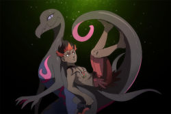 Rule 34 | 1boy, bad id, bad pixiv id, barefoot, black background, black eyes, black hair, colored sclera, creatures (company), dark-skinned male, dark skin, game freak, gen 7 pokemon, jewelry, kiawe (pokemon), looking at viewer, looking away, lying on another, male focus, multicolored hair, necklace, night, nintendo, pokemon, pokemon (creature), pokemon sm, purple sclera, salazzle, shorts, shoulder tattoo, sky, tattoo, tetsuyoh, trial captain, two-tone hair, undercut, very dark skin